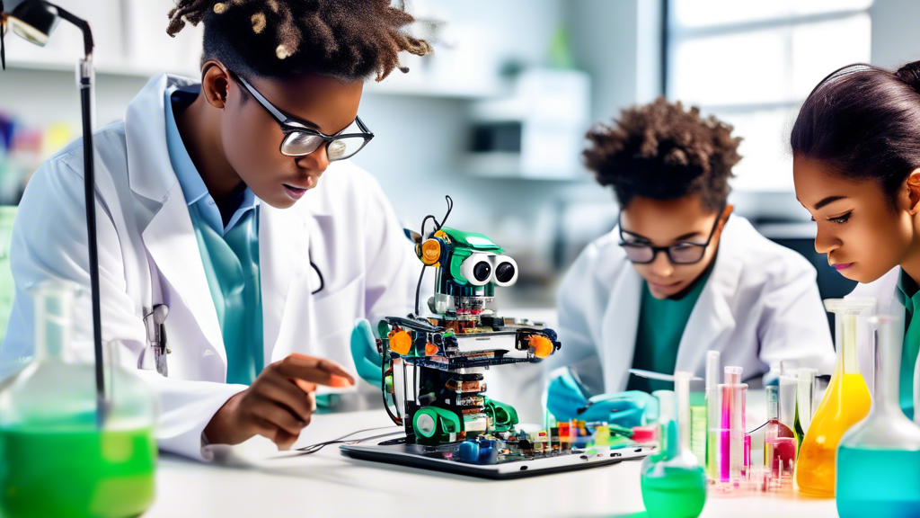A group of diverse students, dressed in lab coats, working on various STEM projects: one building a robot, one coding on a laptop, one conducting a chemical experiment, one dissecting a frog, and one 
