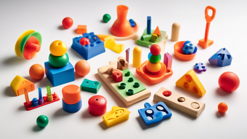 A colorful assortment of toys designed to stimulate fine motor skills in young children, arranged on a white surface in a well-lit room. The toys should include objects of various shapes, textures, an