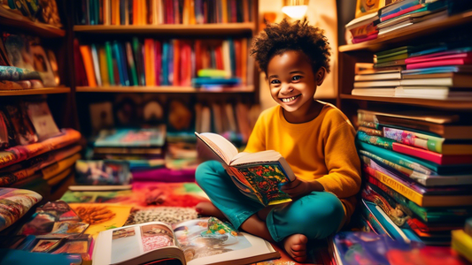 An image of a young child sitting in a cozy corner surrounded by stacks of colorful books and prints. The child is smiling and holding a book open, engrossed in the story. The walls of the room are ad