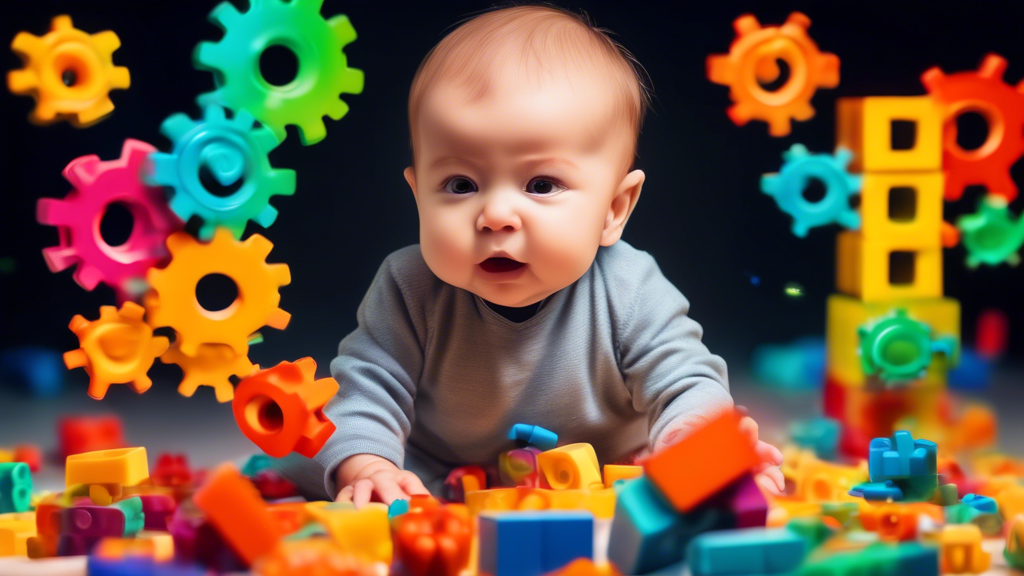 An infant interacts with colorful building blocks, surrounded by glowing gears and synapses representing cognitive development.