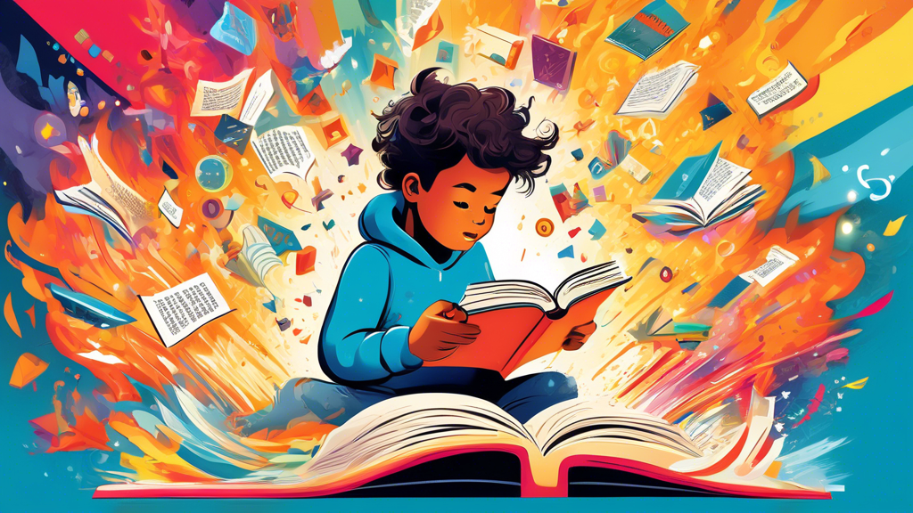 A brightly colored, highly stylized illustration of a child reading a book with an explosion of words and images emanating from the book, representing the concept of unlocking reading fluency