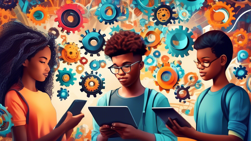 A group of diverse students interacting with educational apps on tablets, surrounded by a swirling vortex of gears, books, and code, representing the concept of tailored learning and personalized educ