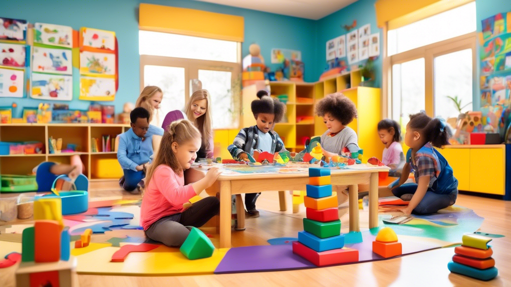 Create an image of a colorful and engaging preschool classroom filled with diverse learning activities, such as children working on puzzles, painting, reading books, playing with blocks, and participating in interactive learning games. The room shoul