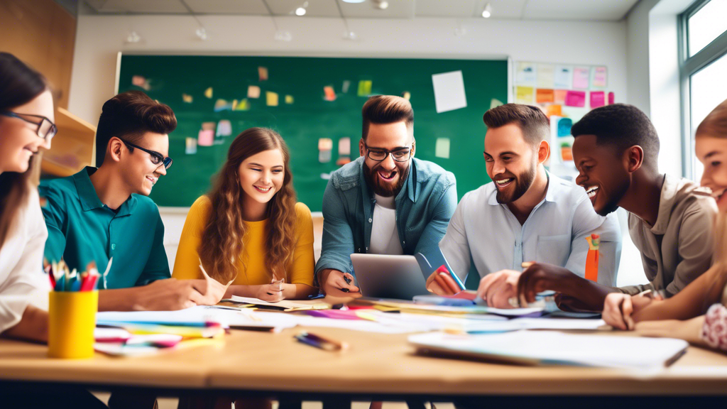 A group of students and teachers working collaboratively in a classroom, brainstorming ideas, sharing resources, and celebrating successes. The image should convey a sense of teamwork, innovation, and