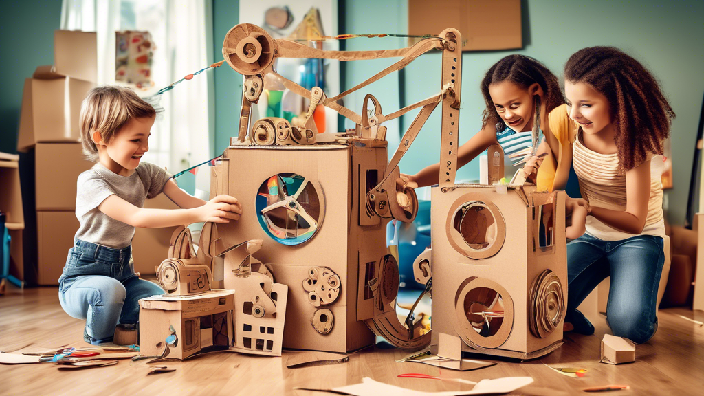 A suburban family of four collaboratively working on a large-scale contraption made of cardboard, pulleys, and other household materials, creating a whimsical and imaginative environment for play and 
