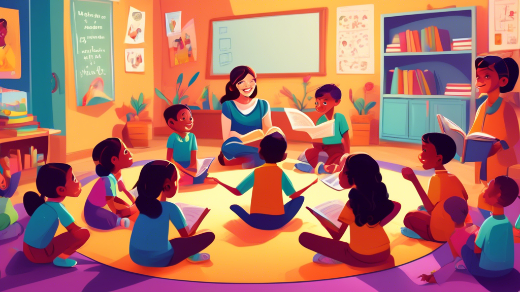 A vibrant and colorful classroom with children sitting on the floor in a circle, listening attentively to a teacher who is reading a story aloud. The teacher is pointing to the words as they read, hel