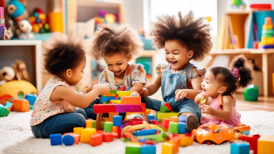 A group of toddlers playing and learning together in a colorful and stimulating environment, surrounded by toys, books, and educational materials. The image conveys the joy and benefits of play-based 