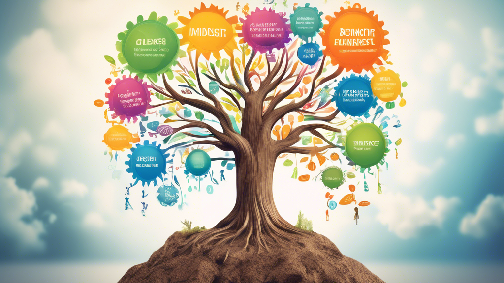 Create an artistic depiction of the concept of growth mindset, emphasizing the crucial role of resources for parents and educators in fostering this mindset in children. Incorporate imagery that visua