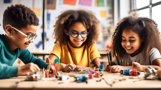 Create an inspiring image of children collaborating on a STEM challenge, with expressions of deep engagement, creativity, and teamwork. The setting should be a bright and innovative classroom or maker