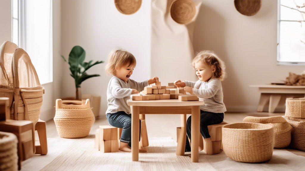 Two toddlers playing together in a room filled with natural materials, such as wooden blocks, baskets, and a small table and chairs. The room is brightly lit with natural light coming in from the wind