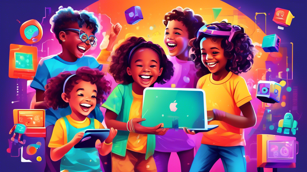 A vibrant and engaging image of children of diverse backgrounds playing and learning with STEM coding games. The children are shown laughing, smiling, and having fun while interacting with colorful sc