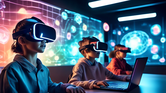 A futuristic classroom where students wear VR headsets and interact with holographic projections, creating a multisensory learning experience with laptops and other devices seamlessly integrated.