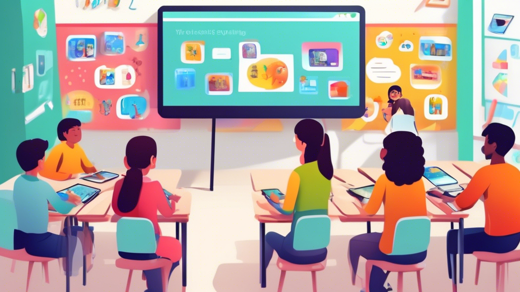 A classroom of students using interactive storytelling devices to learn English, with the devices displaying colorful and engaging visuals and text.
