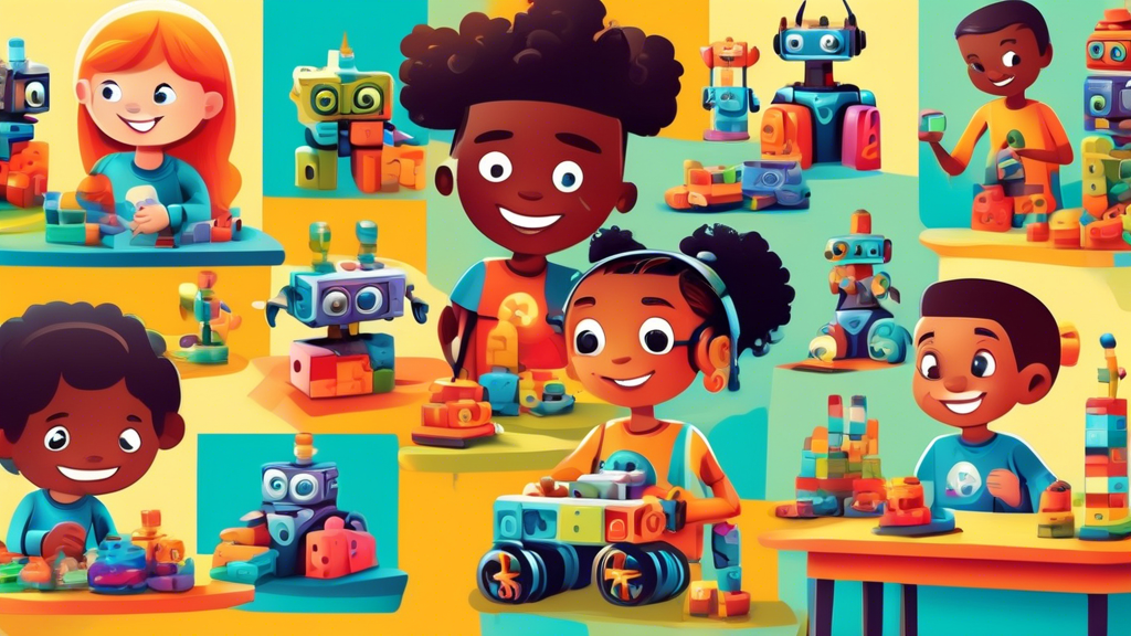 Create an image of a diverse group of children engaging with various STEM educational toys, such as building blocks, coding robots, and science experiment kits, in a colorful and interactive classroom setting. Each child is fully immersed in hands-on