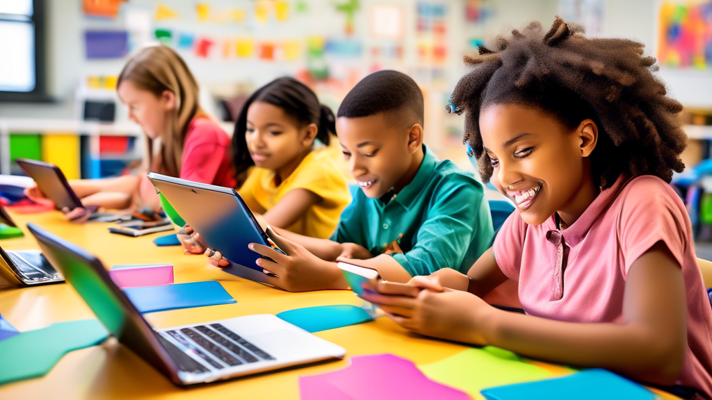 A colorful and engaging classroom environment with exceptional learners using assistive technology such as tablets, laptops, and other tools to support their learning. The students are actively engage