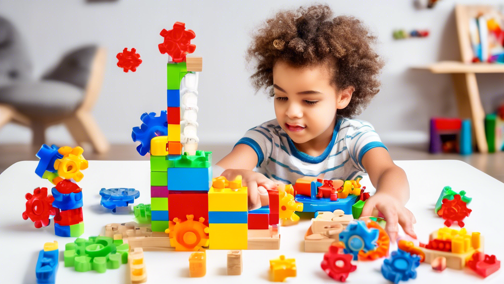 A child playing with STEM toys that stimulate critical thinking, such as building blocks, gears, and magnets, with the toys arranged in a way that suggests the child is experimenting and problem-solvi
