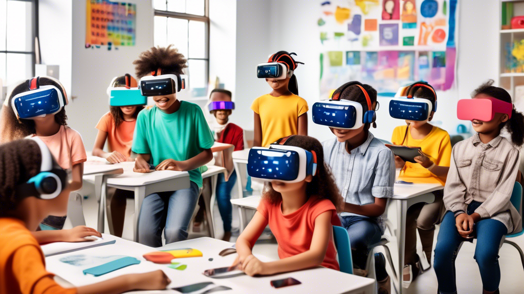 A classroom of diverse kids using AI-powered learning tools, such as virtual reality headsets, robotic assistants, and personalized learning software, to engage in interactive and immersive learning e
