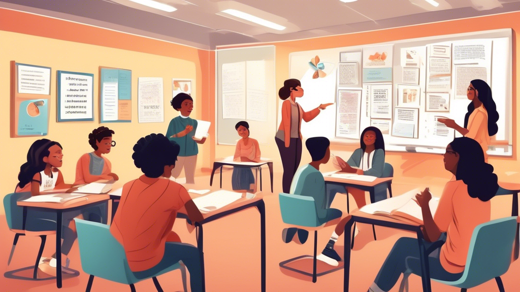 A classroom scene where students are engaged in a lively discussion, using critical thinking skills to analyze a text. The room is filled with posters and books that promote critical thinking and lite