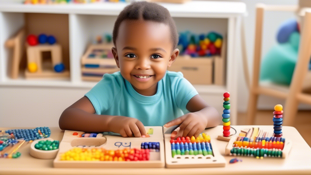 Create an image of a young child sitting at a small Montessori table, surrounded by a variety of colorful math manipulatives such as counting beads, number rods, and shape puzzles. Show the child engaged in hands-on learning, exploring and arranging 