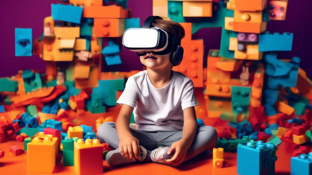 A child wearing a virtual reality headset and building blocks, surrounded by curious kids and gadgets