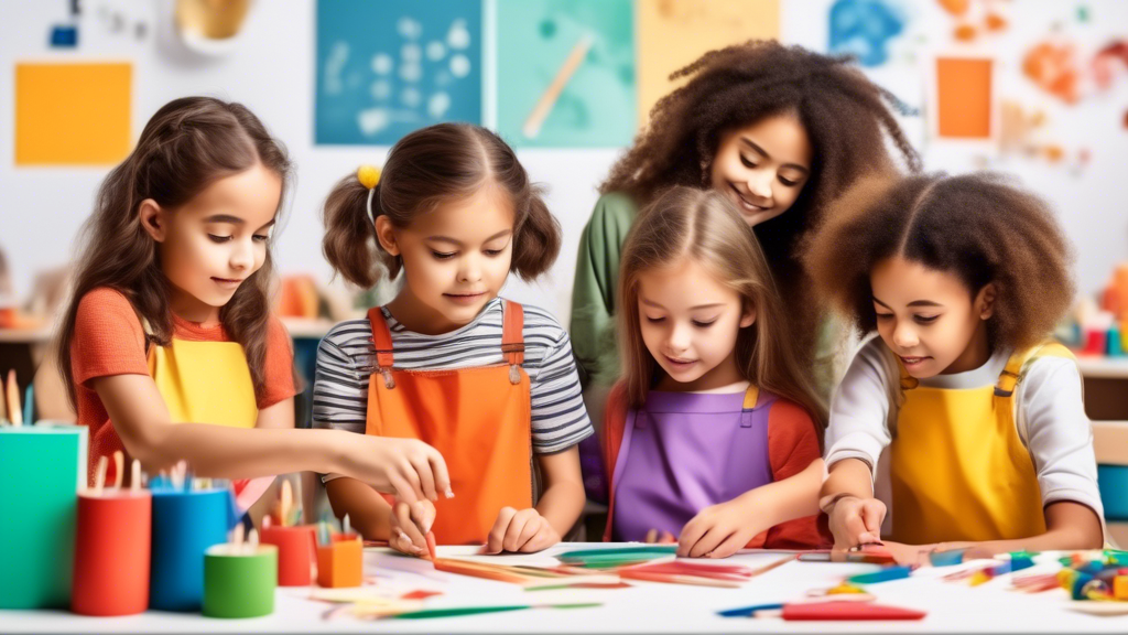 A group of children engaged in various hands-on learning activities in a classroom setting, showcasing their creativity and intellectual curiosity