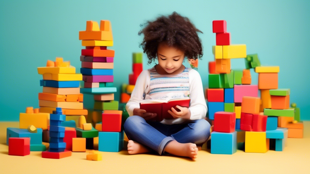 A colorful and engaging image that illustrates the building blocks of English language skills in young children, such as reading, writing, speaking, and listening, with playful elements like building 