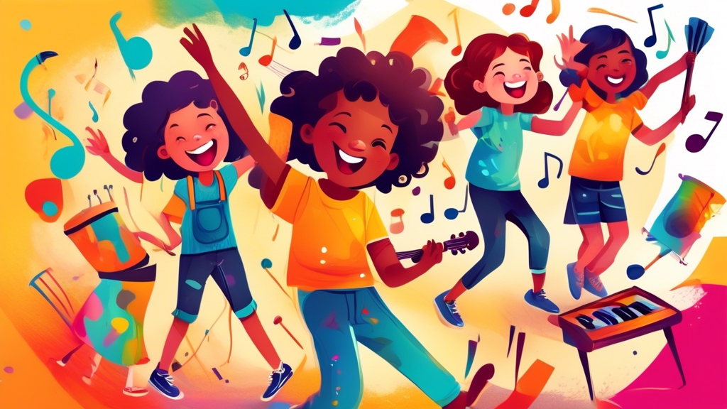 A group of children engaged in a variety of art and music activities: painting, drawing, playing instruments, singing, and dancing. The atmosphere is joyful and creative, with bright colors and a sens