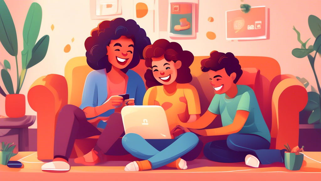 **DALL-E Prompt:**

Depict an interactive online family activity that includes a family of four playing a video game together, smiling and laughing, illustrating the positive impact of interactive onl