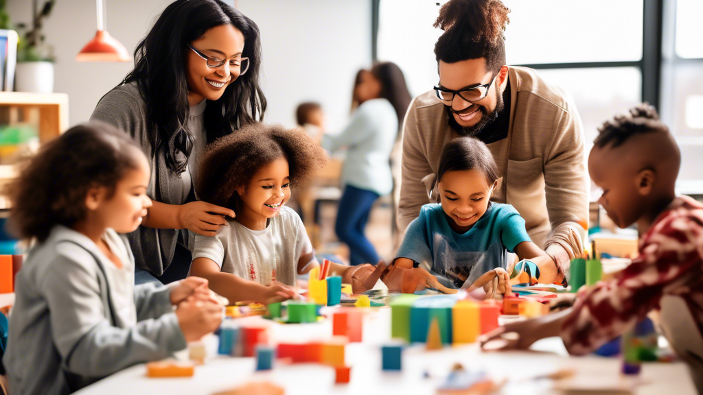 A diverse group of families gathered in a bright and modern learning space, working together on STEAM projects. The children are engaged in hands-on activities, while the parents are actively involved