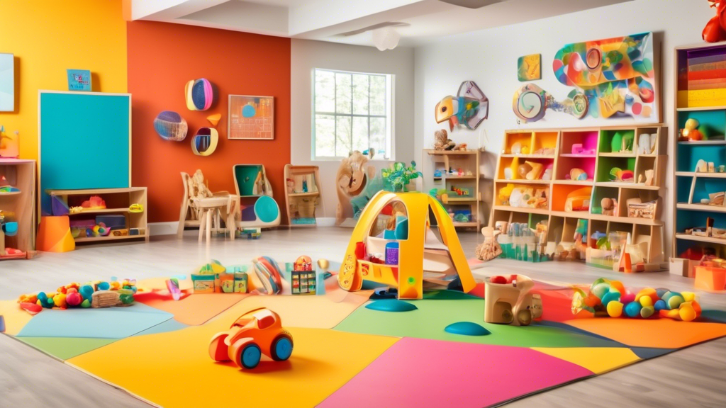 A vibrant and interactive playroom filled with colorful toys designed to stimulate early childhood development, featuring engaging shapes, textures, and interactive elements that encourage exploration