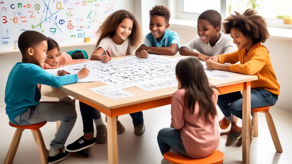 A group of children sitting around a table, working on math problems. The children are all smiling and engaged in their work. The table is covered with math symbols and equations.
