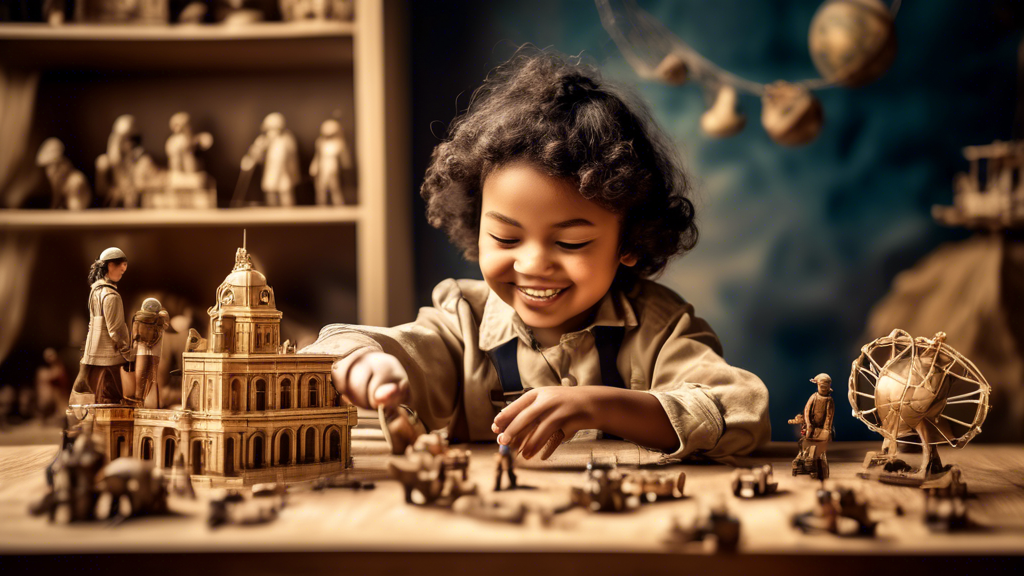 A child playing with educational toys that depict historical events or figures, in a setting that evokes the spirit of exploration and discovery. The image should convey a sense of excitement and wond