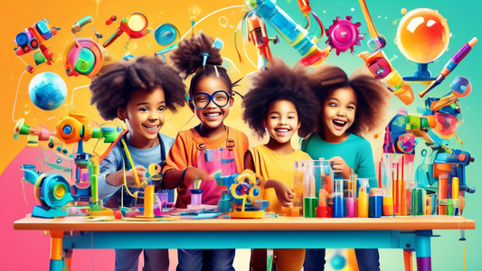A colorful, engaging, and educational image of children of diverse backgrounds participating in various STEM activities, surrounded by bright and cheerful learning materials and scientific equipment, 