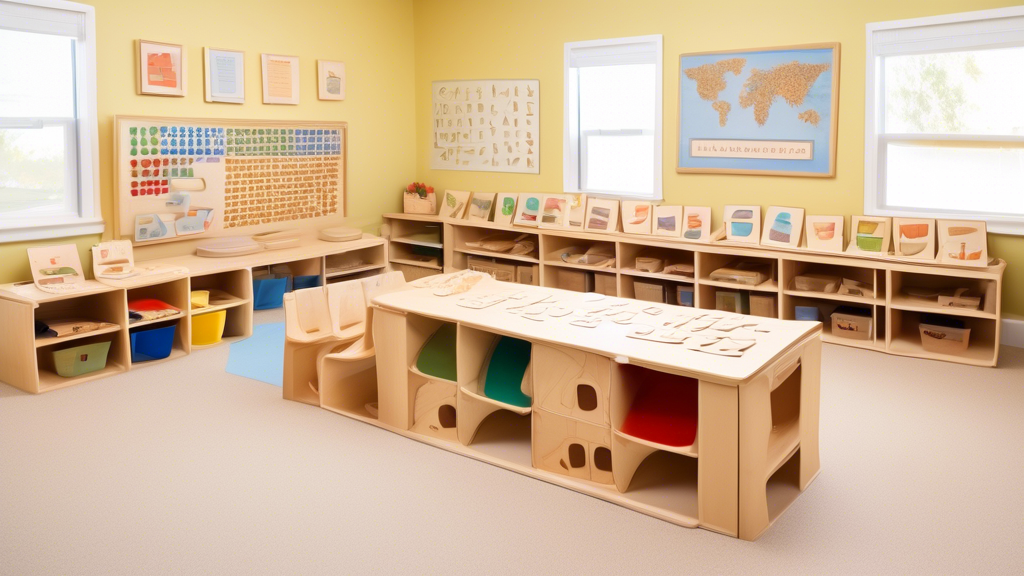 Create an image of a Montessori classroom filled with a variety of language materials specifically designed for preschoolers, such as sandpaper letters, moveable alphabets, and picture-word cards. Show children engaging with the materials to showcase