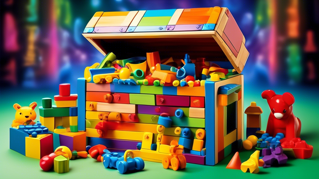 Create an image of a colorful, creative toy chest overflowing with various educational toys such as building blocks, puzzles, science kits, and art supplies. Each toy should appear engaging and fun for children to play with, while also promoting lear