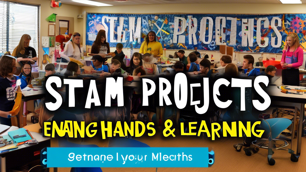 A classroom filled with students working on hands-on STEAM projects, surrounded by gears, wires, and other materials, with a large banner above them that reads STEAM Projects: Engaging Minds through H