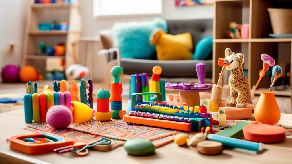 Intricate and colorful collection of sensory exploration tools, including textured toys, musical instruments, and tactile objects, arranged on a table in a warm and inviting playroom.