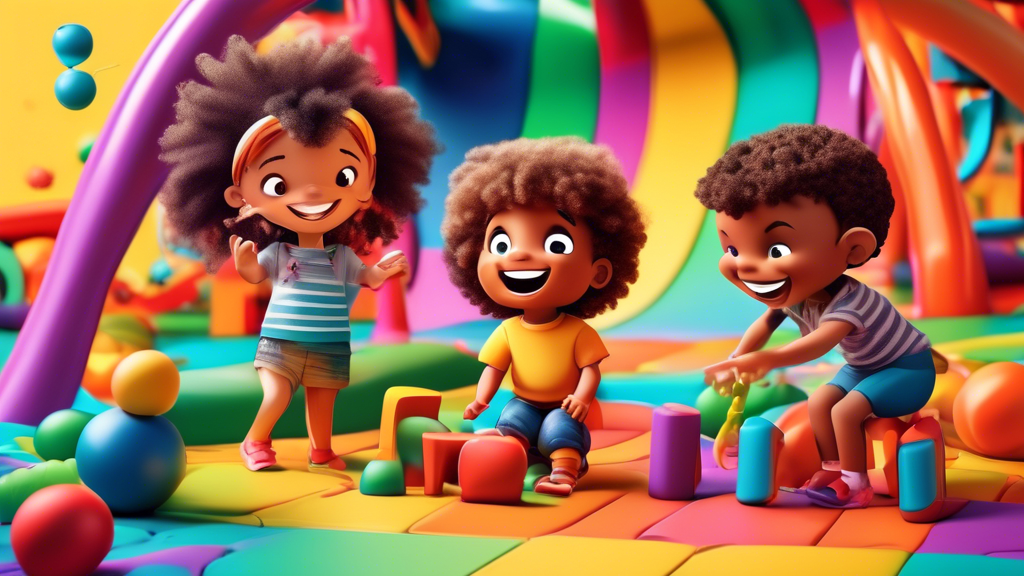 A group of young children playing together in a colorful and whimsical playground, surrounded by toys, laughter, and imagination, fostering social skills and emotional intelligence through play-based 