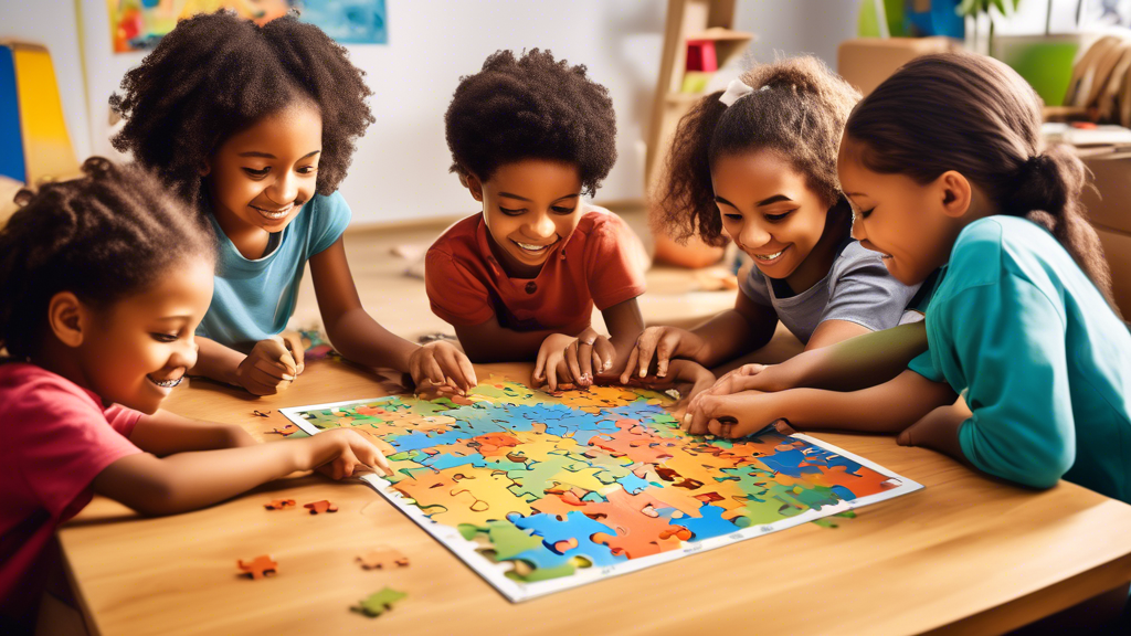 Create an image of a diverse group of children engaged in solving a challenging puzzle together, showcasing teamwork, problem-solving skills, and having fun while learning. The children should be of different ethnic backgrounds and genders, collabora