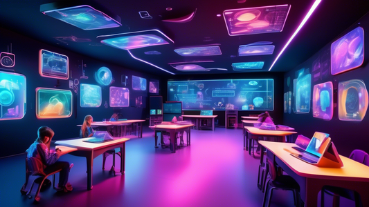 A vibrant and futuristic classroom where students are immersed in a holographic learning environment. The room is filled with interactive displays, augmented reality overlays, and AI-powered learning 