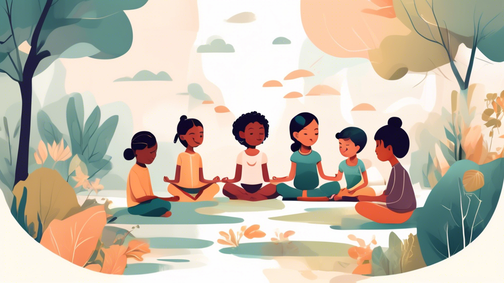 A serene and tranquil illustration of a diverse group of children practicing mindfulness techniques, such as deep breathing, meditation, and mindful listening, surrounded by nature and exuding a sense
