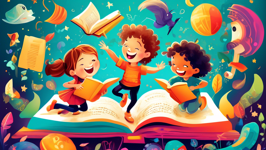 Create a whimsical and engaging illustration featuring children joyfully playing interactive reading games. Depict them immersed in colorful and imaginative worlds, with books coming to life and words