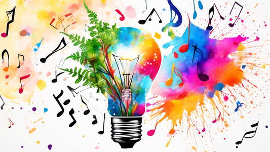 A lightbulb with a plant growing out of it, surrounded by colorful paint splatters and musical notes, representing the growth and creativity fostered by a growth mindset.