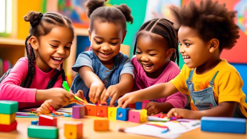Create an image of a diverse group of preschool children actively engaged in various fun and educational activities such as drawing, playing with building blocks, singing, and reading books together in a vibrant and colorful classroom setting. The im