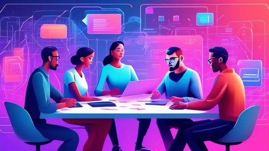 A group of people meeting and brainstorming problem-solving techniques; Futuristic AI in the background assisting the group