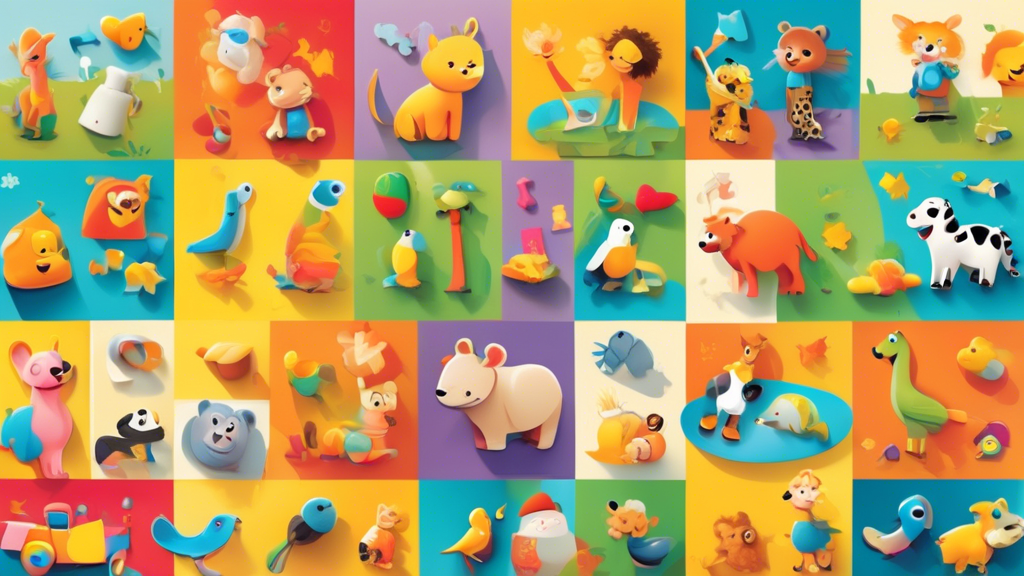 Create an image of a colorful and playful puzzle featuring cartoon animals and objects that represent different words, with a smiling toddler playfully interacting with it. The scene should be vibrant and engaging, showcasing a fun and educational ac