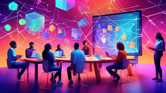 A classroom full of diverse students interacting with a holographic teacher and engaging in collaborative learning activities, surrounded by colorful geometric shapes and glowing lines that represent 