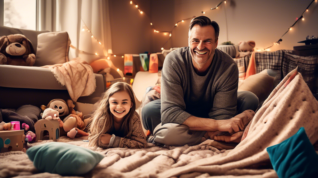 A father and daughter building a fort together using blankets and pillows, with toys and books scattered around them. The father is smiling and looking at the camera, while the daughter is laughing an