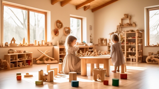 A beautiful room filled with natural light and wooden toys. There are children playing and learning in a collaborative and harmonious environment, combining the principles of Montessori and Waldorf ed