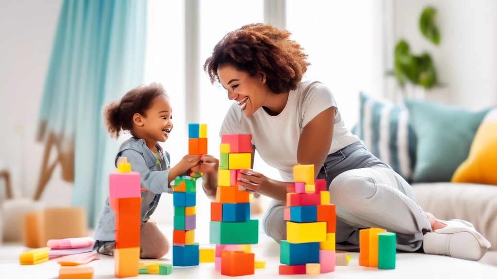 A mother and child working together to build a tall tower out of colorful blocks, with the child smiling and the mother looking on with pride and encouragement. The image should convey a sense of supp